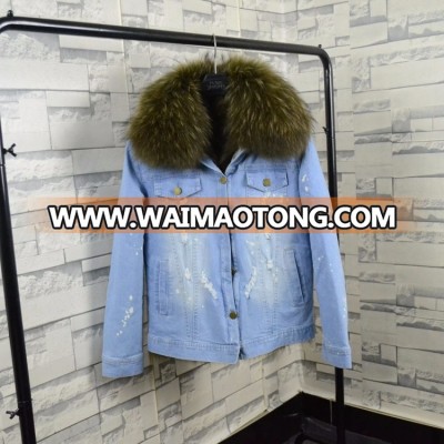 Army green Fox Fur/Rabbit fur Lining Jeans Parka with Real Raccoon Fur Collar