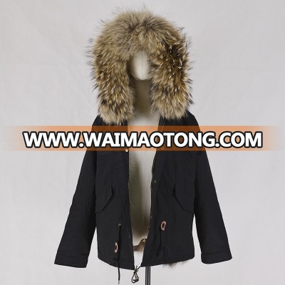 Military style detachable natural fur lined 100% raccoon fur hooded fur parka