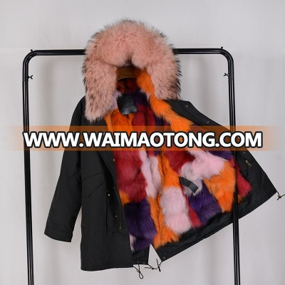 Pink Raccoon Fur Collar Coat With Multi Fox Fur Lining Removable Hooded Fur parka