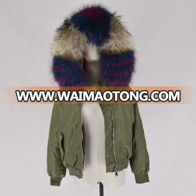 Women 100% real raccoon fur fur hooded bomber jacket with mink fur inside