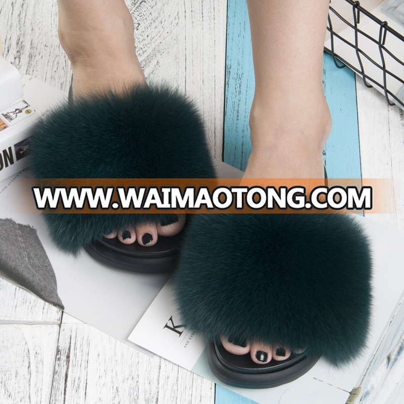 Fashion Style Factory wholesale custom fluffy real fox fur slides for women