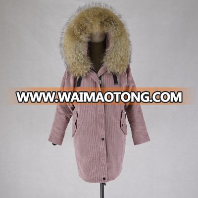 New Style Pink Raccoon fur collar coat with lamb fur lining removable hooded real fur corduroy parka