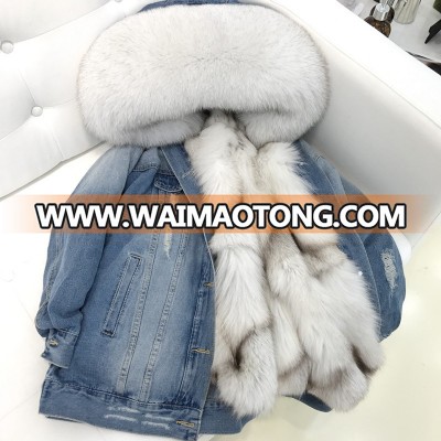 Fashion Short Large Silver Fox Fur Collar Denim Jacket With Real Fur Lining