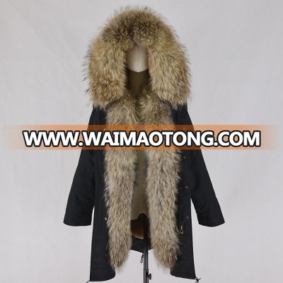 Genuine Raccoon Fur Collar Super Large Women Winter fur trimmed Parka With Lining