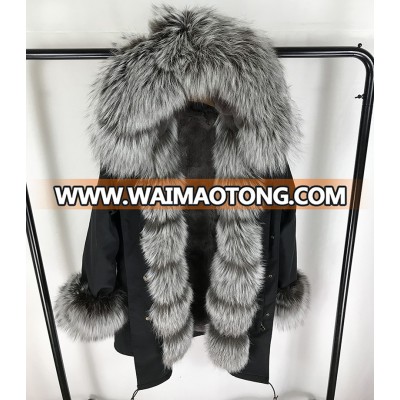 High Quality China Factory Wholesale Customized Long Silver Fox Fur Trimming Hood Parka