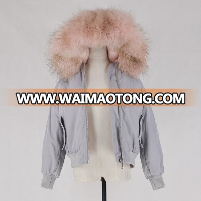 OEM High Quality Bomber Jacket Wholesale Satin grey Bomber Jackets With pink fur